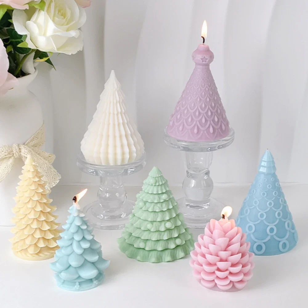 Christmas Tree Candle Mold Bubble Geometry Cone Plaster Soap Silicone Mould Leafy Plant Home Party Decor Pinecone Chocolate Gift