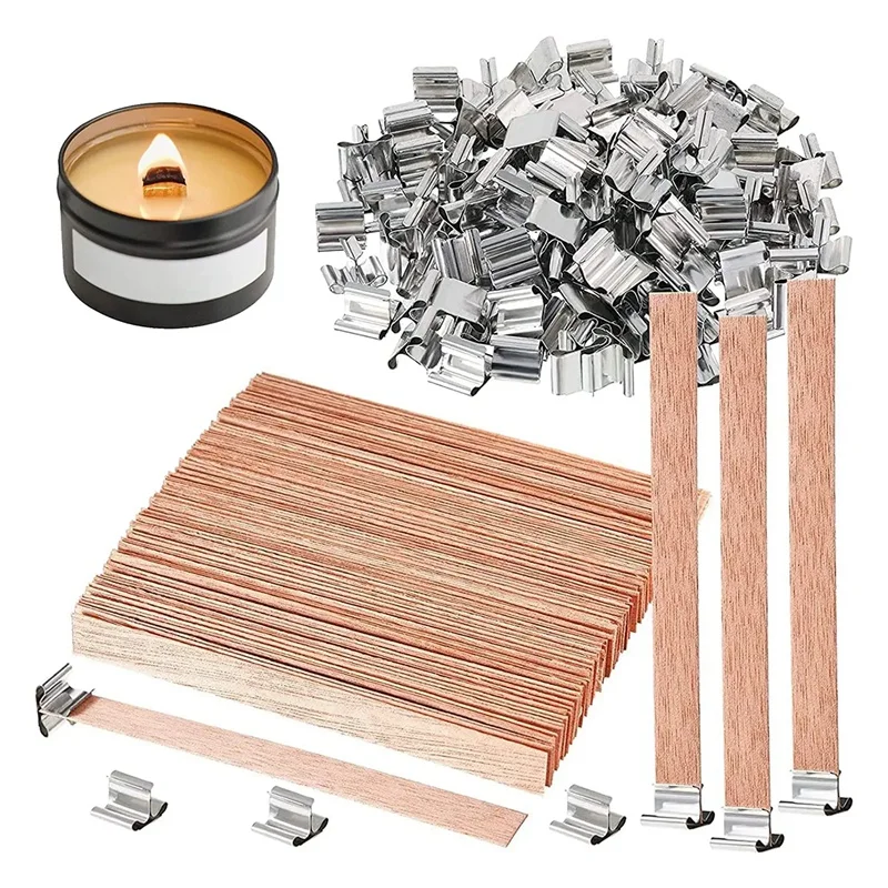 100 Pack Wooden Candle Wicks For Candle Making, 6Inch Burst Wood Wicks/Smokeless Candle Wicks With Metal Base Clip