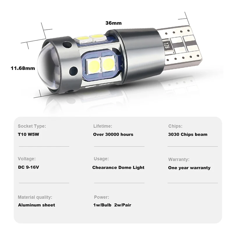 Nlpearl 2x Signaal Lamp T10 W5W Led Canbus Lamp 12V 10SMD 3030 Chips W5W Led 168 194 Auto Wedge parking Light Reading Lichtkoepel