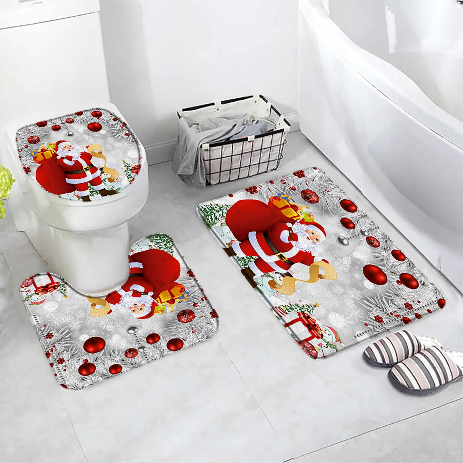 Santa Claus Bath Mat Set Red Christmas Ball Fir Branch Snowman Gift New Year Home Bathroom Decor Non Slip Rugs Toilet Lid Cover