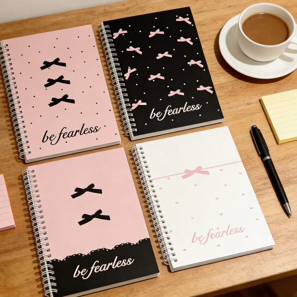 Caderno Espiral A5 Rosa com Laço, 50 Folhas, Papel Pautado, Bloco de Notas, Diário Estudantil, Material Escolar Estético