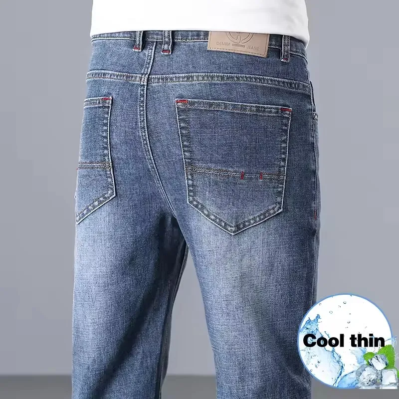 Summer Thin Men's Classic Straight Jeans Elastic Cotton Soft Comfortable Fashion Business Casual Denim Pants Male Clothing
