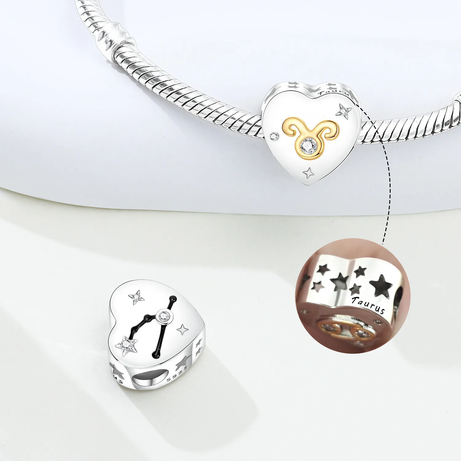 HOT 925 Sterling Silver Color Separated Electroplated 12 Zodiac Taurus Heart Charm Beads DIY Bangle Necklace Jewelry Party Gifts