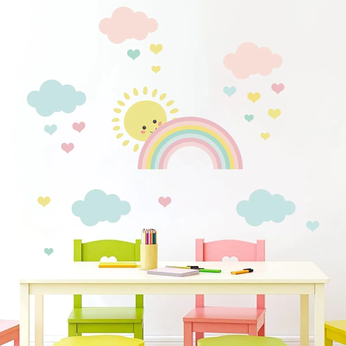 Cartoon Sun Rainbow Clouds Wall Decals Nursery Girls Boys Bedroom Decor Art Sticker Mural Posters Baby Room Home Decoration