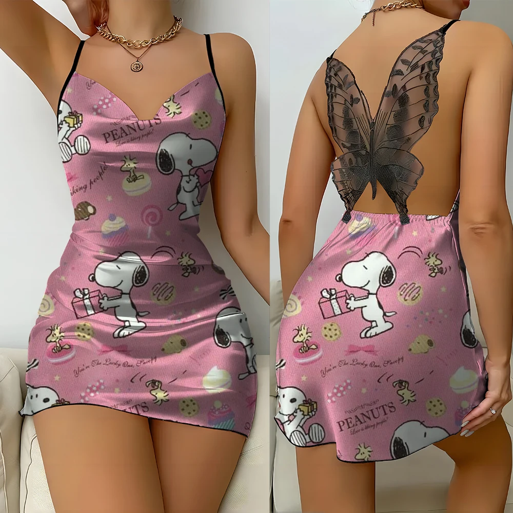 

Snoopy Print Summer Women's Pajamas Comfortable Spaghetti Strap Backless Butterfly Lace Suspender Nightgown Luxury Sexy Dress