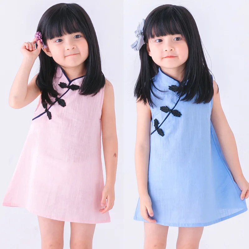 

2024 Summer Girls Solid Color Cotton Linen Cheongsam Korean Version Style Kids Casual Dress Chinese Wind Cheongsam Skirt