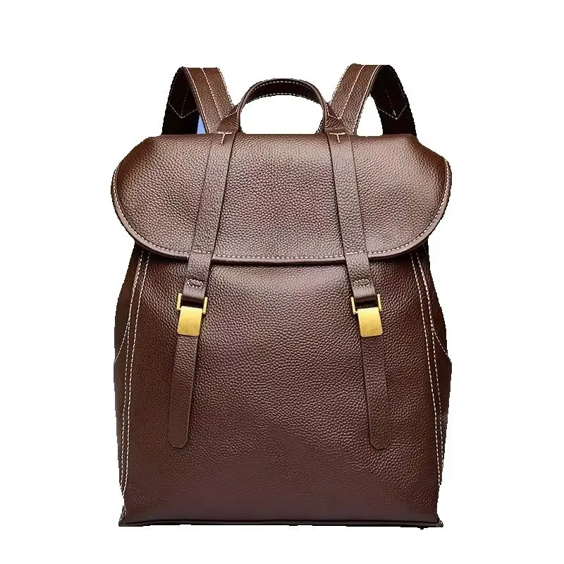 Women Brown Genuine Cowhide Leather Backpack with Flap Buckle Contrast Stitching Vintage Travel Daypack for Daily SAC