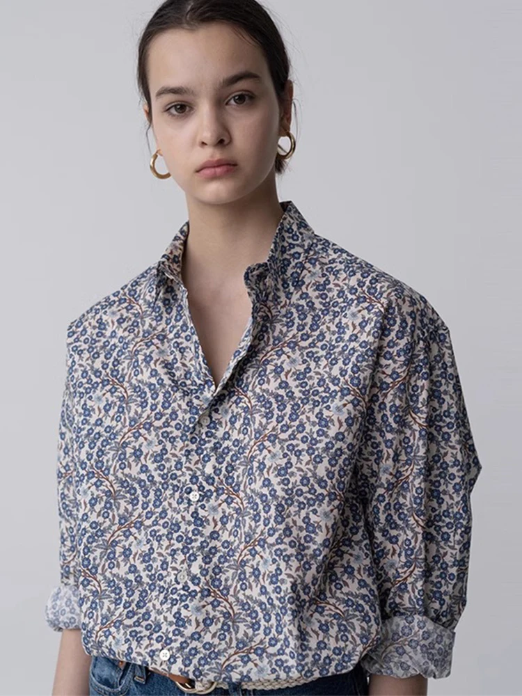 

Naturaleye Fashion Retro Blue Print Long Sleeve Women's Shirt Spring Loose Floral Casual Top OL Style Straight Cut Cotton