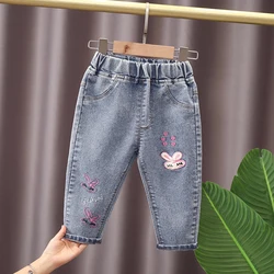 IENENS Spring Jeans Girls Straight Pants Denim Casual Trousers Kids Clothes 1-5 Years Baby Stretch Elastic Waist Bottoms