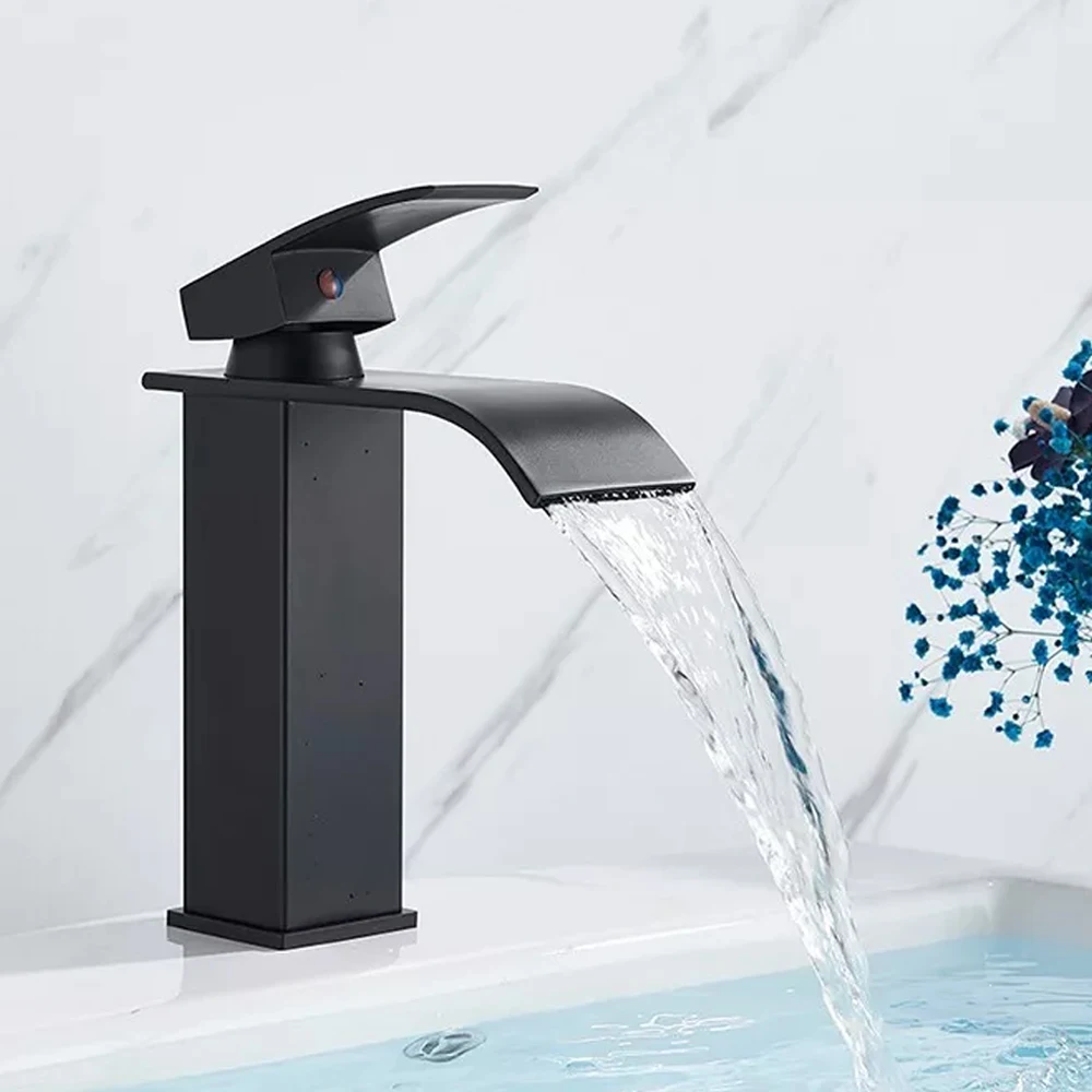 

Black Waterfall Bathroom Faucet Basin Vanity Vessel Sinks Mixer Tap Cold And Hot Water Tap Single Hole Bath Sink Faucets Crane