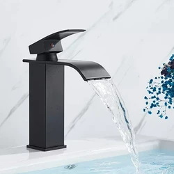 Grifo de baño de cascada negra, mezclador de fregadero de tocador, grifo de agua fría y caliente, grifos de fregadero de baño de un solo orificio, grúa