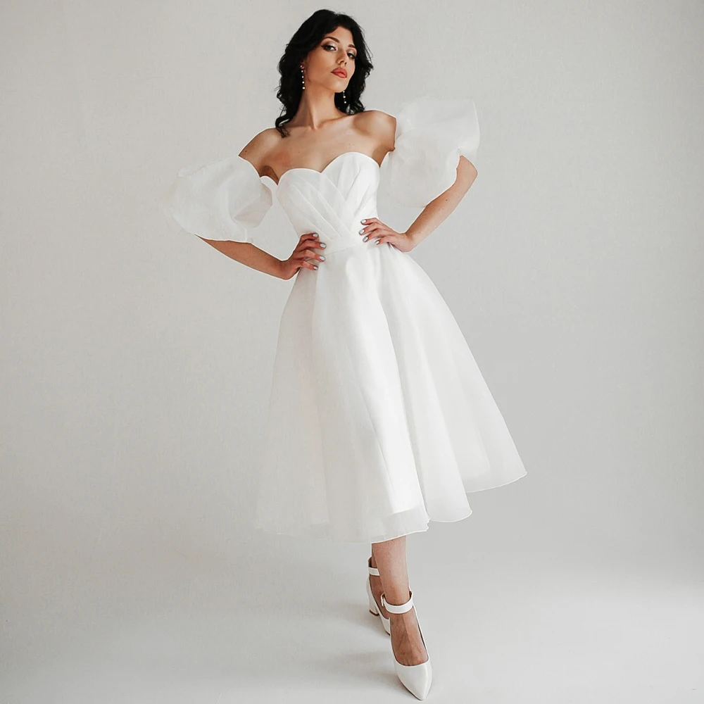 

Short Wedding Dresses Ivory Organza A Line Puffy Sleeves Gowns Midi Sweetheart Belt Tea Length Simple Bridal Dress 2023