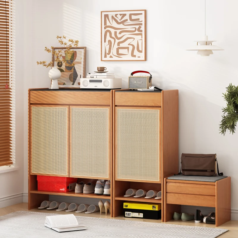 

Simple solid wood jumping shoe cabinet entry rattan entrance cabinet Japanese-style small apartment foyer storage cabinet househ