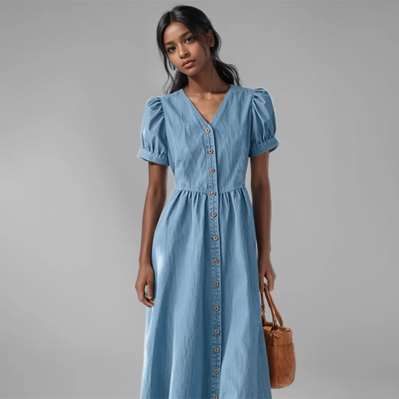 فستان نسائي موضة خريف 2024 من قماش الدنيم الأزرق بأكمام قصيرة فساتين عصرية برقبة على شكل حرف v واحدة الصدر للسيدات