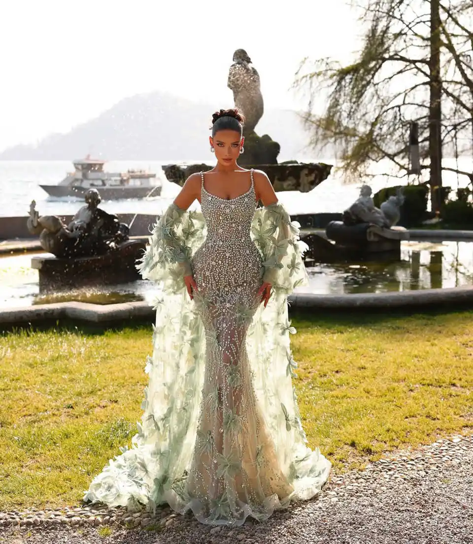 Spaghetti Straps Crystal Mermaid Evening Dresses Elegant Floral Appliques Prom Dress Rhinestone Party Gown Customized