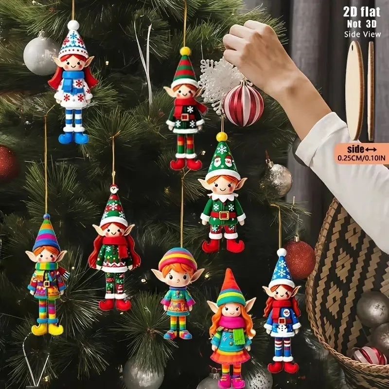 8 unids/set colgantes de madera de Navidad niña elfo árbol de Navidad adorno colgante 2026 adornos navideños para el hogar regalos de Año Nuevo