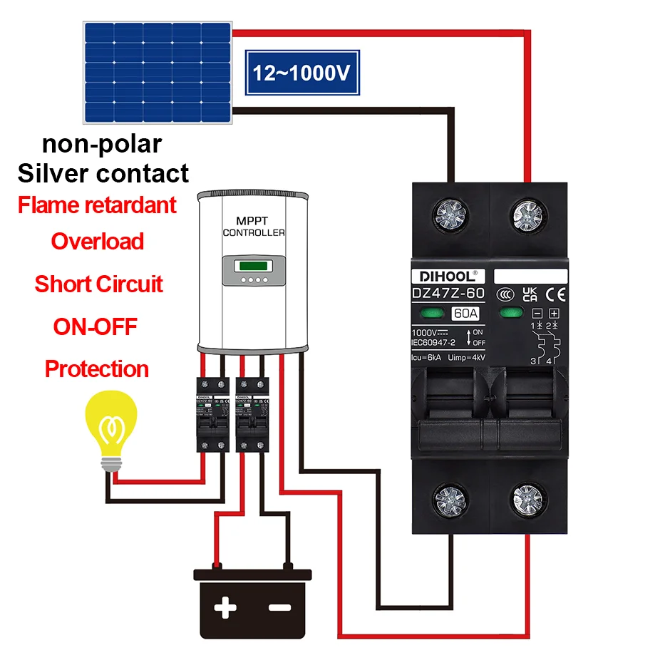 Solar DC Circuit Breaker DC1000V MCB Overload Protection Disconnect Switch 100A 120A 20A 25A 30A 40A 50A 60A Battery Protector