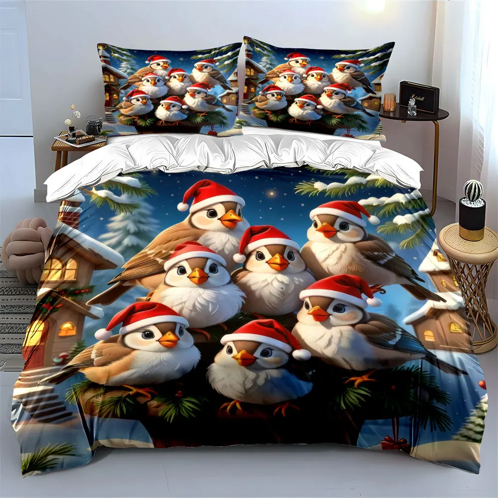 Festive birds gathering on a snowy Christmas night Print Duvet Cover Bedding Set Included 1*Duvet Cover 2*Pillowcases