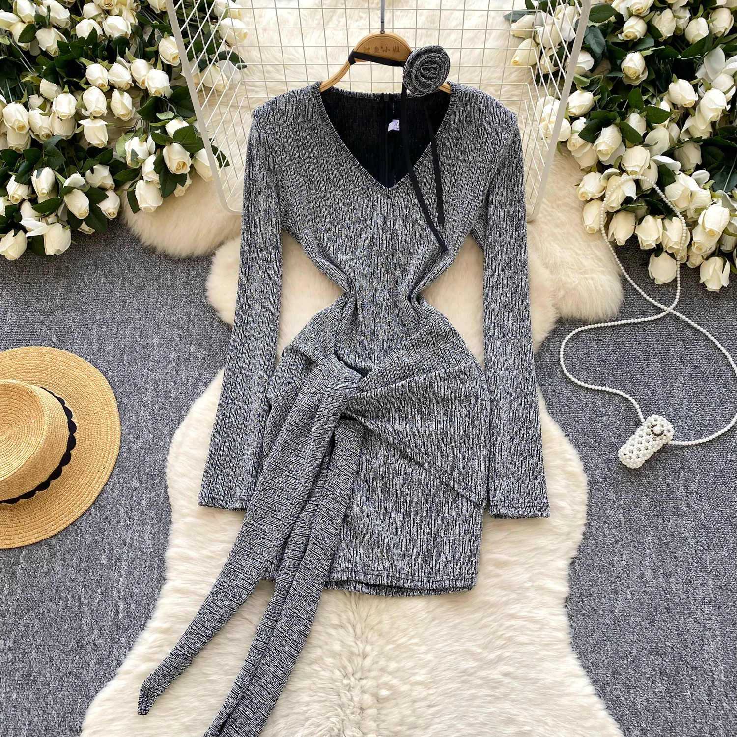 Elegancka, szykowna, wąska trójwymiarowa sukienka w kwiaty Francuska wieczorowa impreza Vestidos Damska impreza Ceremonialna sukienka wiązana na biodrach