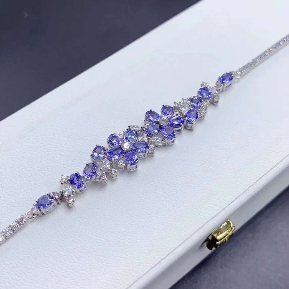 Luxury Natural Tanznaite Bracelet for Wedding 18 Pieces 3mm*4mm Total 2.7ct Tanzanite 925 Silver Bracelet with Gold Plating