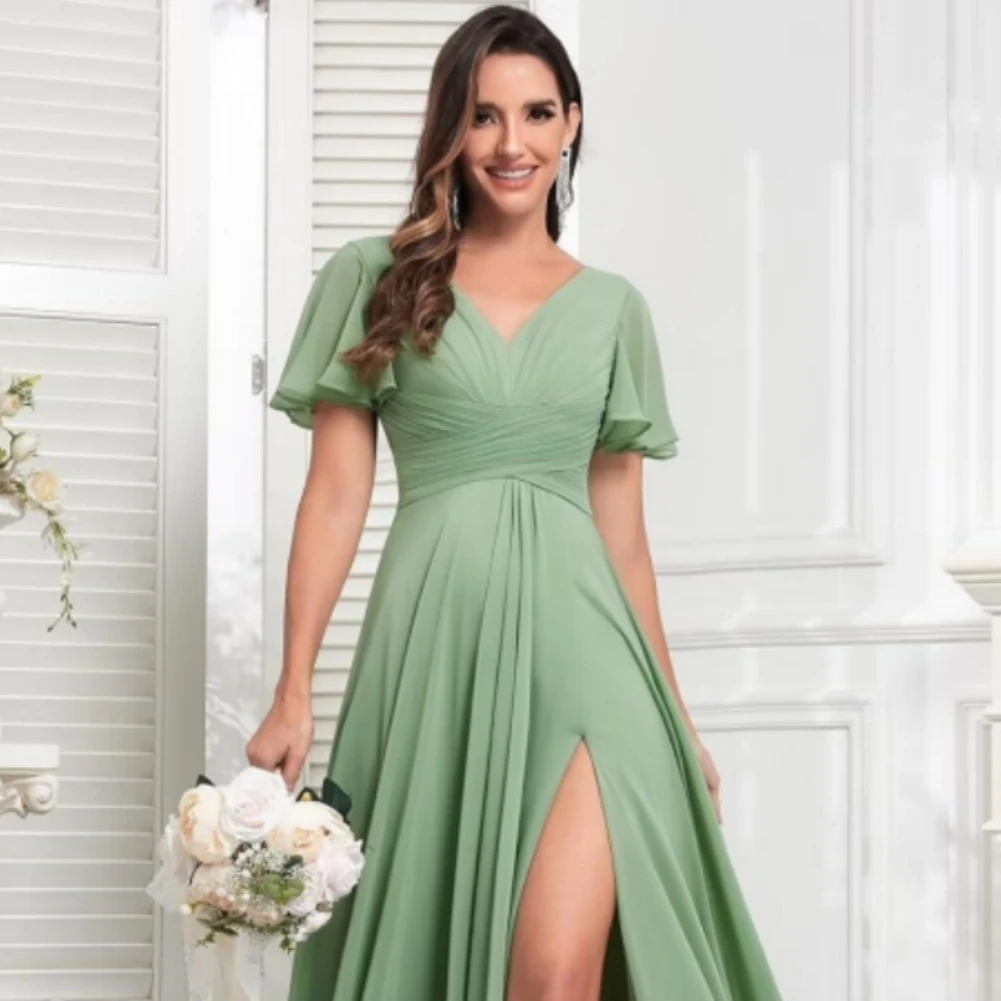 فساتين طويلة من الشيفون لوصيفة العروس للنساء ، رقبة على شكل حرف V ، أكمام أنيقة مكشكشة ، فتحة جانبية ، فستان سهرة للأمهات