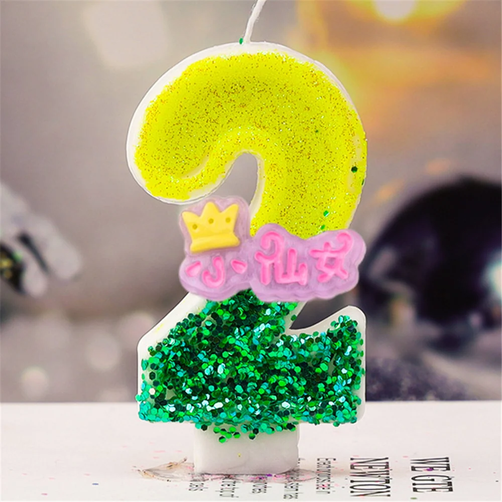 Number Candles Cake Decorations Yellow Green Birthday Holiday Boy Girl Colorful Crown Fairy Sequin Digit Candle Party Supplies