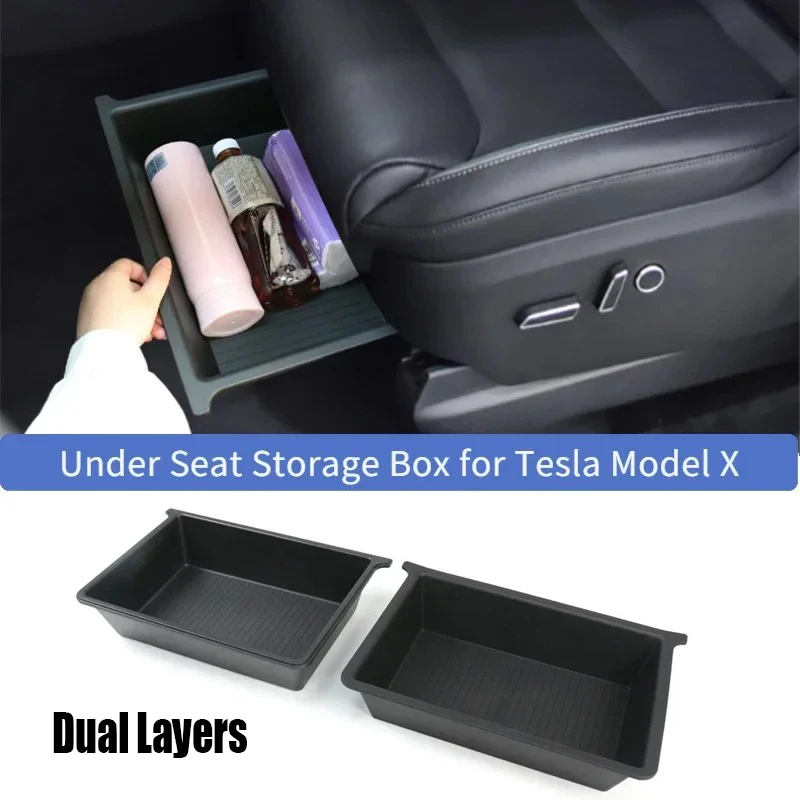 

Under Seat Storage Box for Tesla Model X 2023-2024 Case Organizer TPE+ABS Dual Layers Underseat Drawer Tray Interior Accessories