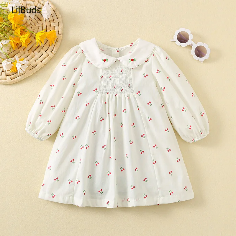 2024 Girls Long Sleeve Dress Children Doll Collar Printed Cotton Handmade Embroidered Princess Costume Matching Spring Autumn