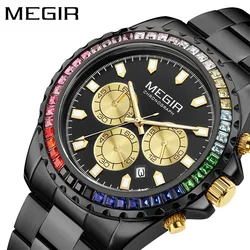 MEGIR 2227 New Men's Diamond Inlaid Fashion Rainbow Dial Quartz Watches Waterproof Luminous Calendar Multifunctional Watch reloj