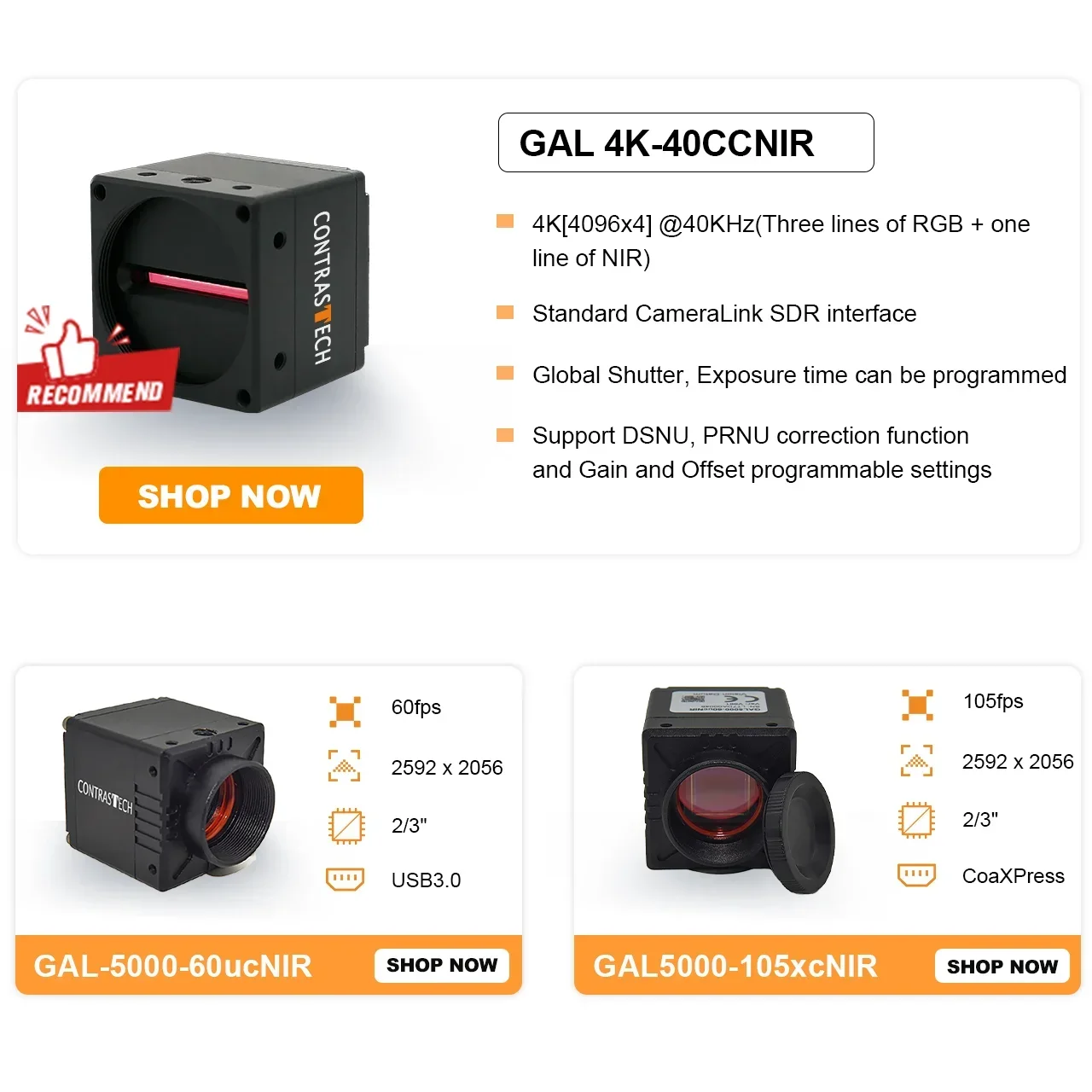 High Sensitivity 4096*4 Multispectral 400-1100nm Global Shutter CameraLink RGB/NIR Color Line Scan Cameras for Machine Vision