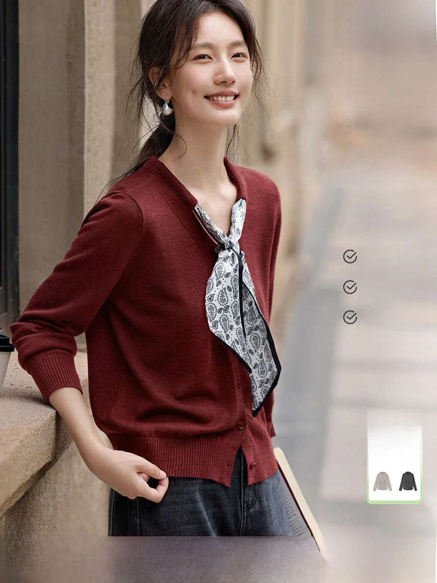 

Ele Knitted Open Cardigan Women's Red Versatile Slimming Wool Blend Scarf Design Autumn Winter Faion Casual Long Sve