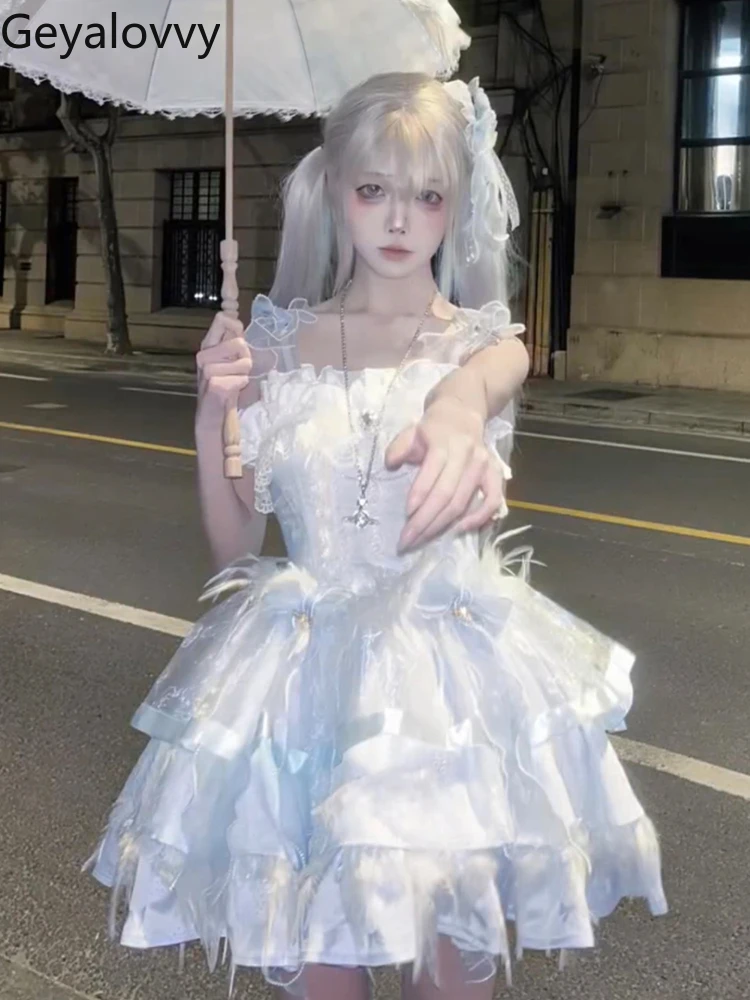 

Pure Desire Blue and White Lolita Party Suspender Dress High Waist Slimming Feather Fresh Sleeveless Fluffy Princess Dresses