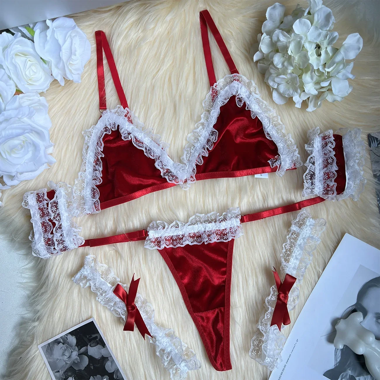 Lovermore New Year Christmas Sexy Lingerie Set Valentine Sissy Ensemble Lingeries Femmes Velvet Ruffles Lace Seductive Underwear