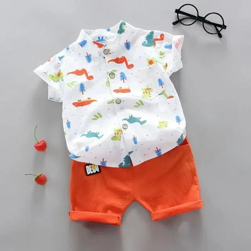 Summer Toddler Kids Clothing Short Sleeve Dinosaur Print Shirt Pant Two Piece Casual Suit Baby Boy Outfit Clothes