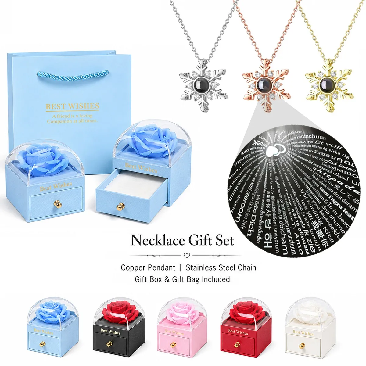100 Languages Projection Snowflake Pendant Necklaces With Rose Gift Box For Women Mother Christmas Valentine Birthday Jewelry