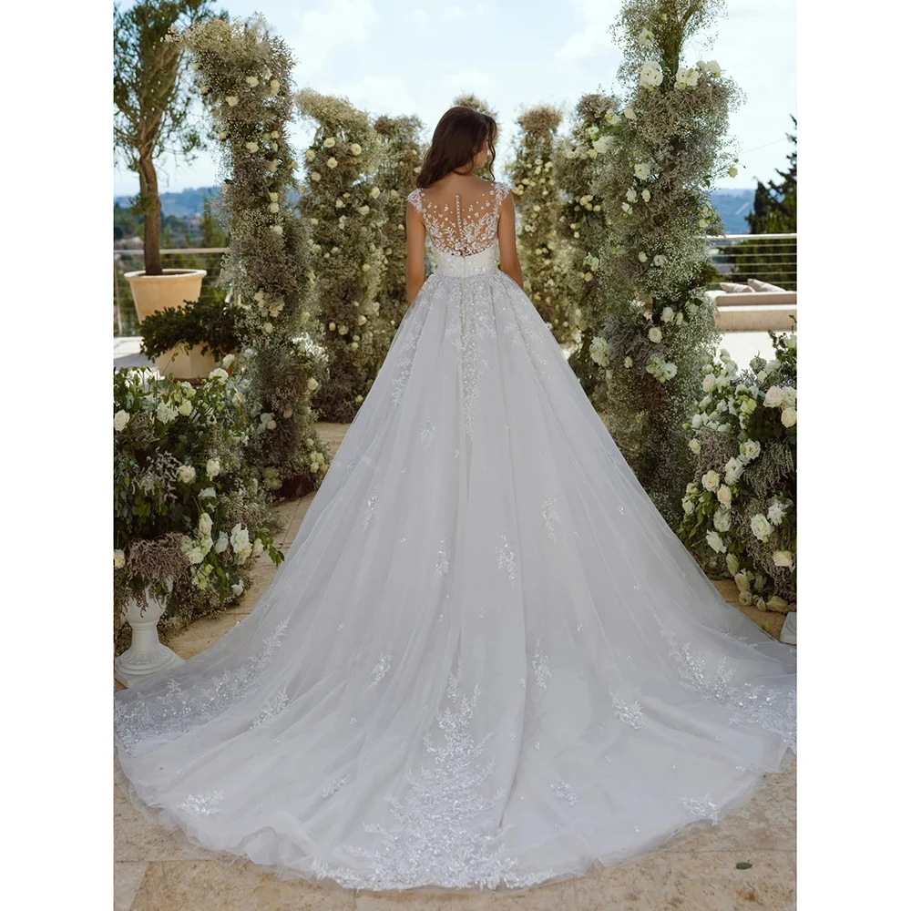 Personalizado de luxo brilhante vestido de baile vestidos de casamento elegante decote tule apliques rendas princesa vestidos de noiva novia