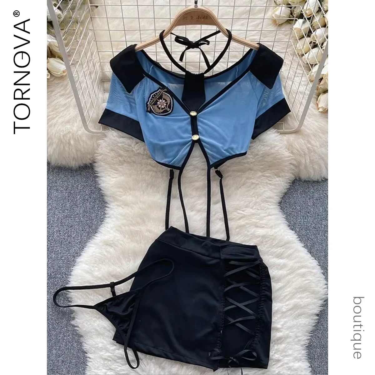 Tornova Preppy Style Sexy Uniform Sets For Women 2024 V Neck Sheer Top+Lace Up Mini Skirt+Thongs Hollow Out Cosplay Porn Suits