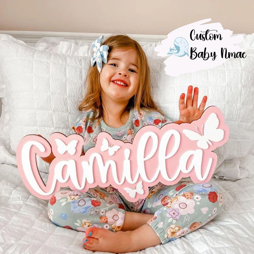 Custom Pink Baby Name Sign Personalized 3D Decorative Wooden Plaque for Baby Bedroom Wedding Home Decoration Various Colors Font