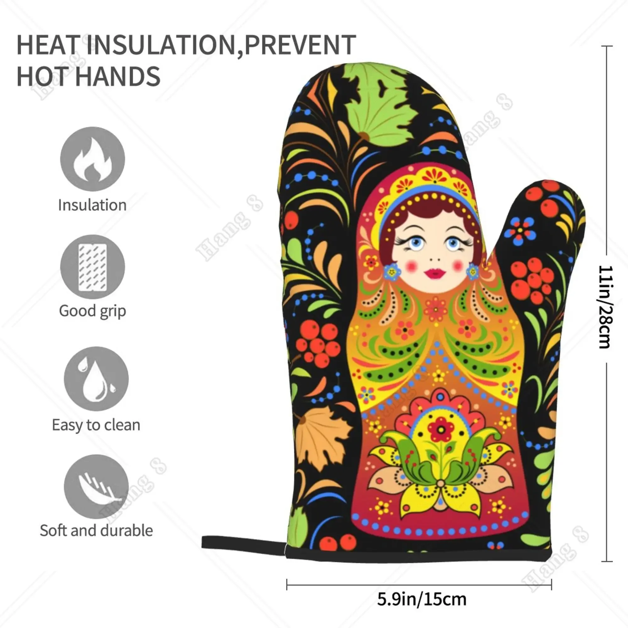 Fashion Print Russian Babushka Matryoshka Doll Set of 2 Kitchen Gloves Women Men Oven Gloves Heat Resistant for BBQ Cooking