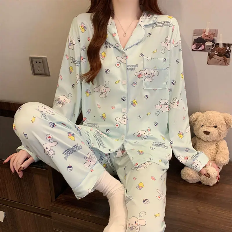 

Cinnamoroll Thin Pajamas Set Kawaii Sanrio Hello Kitty Pajamas Spring Autumn Comfortable Cartoon Print Cute Girl Home Clothes