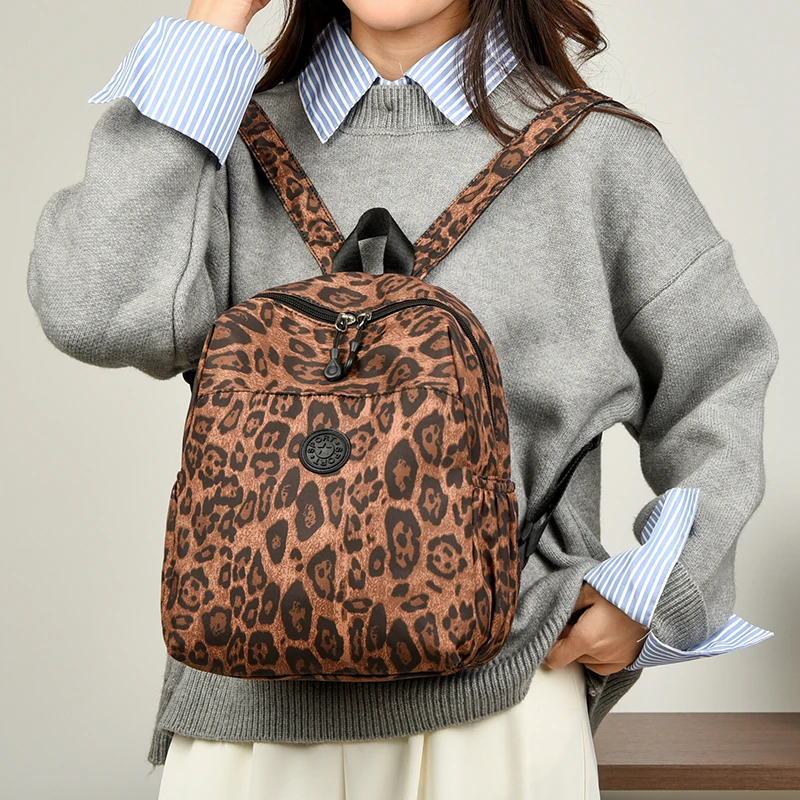 Retro Tie-dye Leopard Pattern Ladies Small Backpack Multi Pocket Casual School Bag Zipper Wear-resistant Fabric Student Daypack