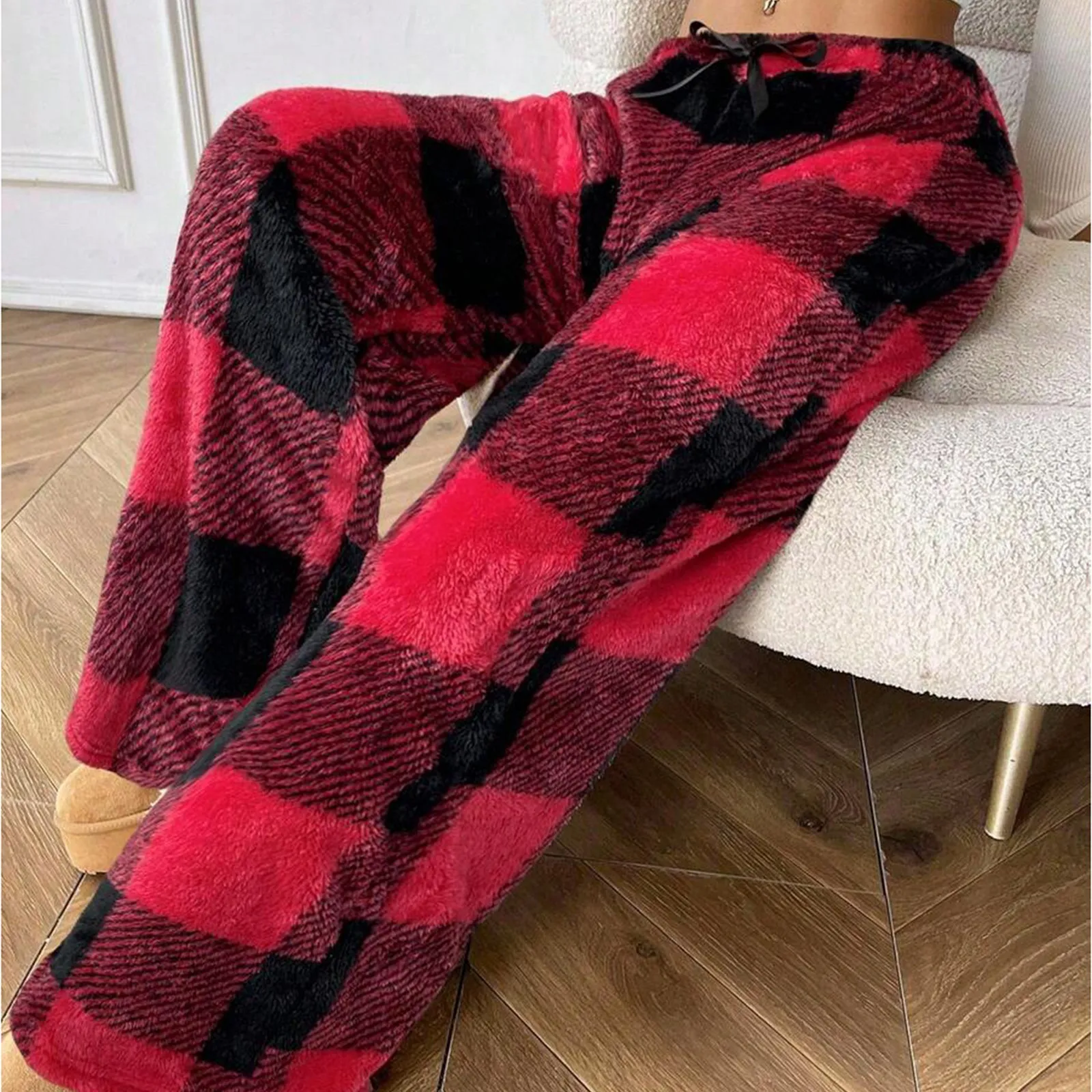

Women Loose Wide Leg Warm Pants Autumn Winter Plaid Plush Pants Casual Trousers Elastic Waist Polyester Loungewear Trousers