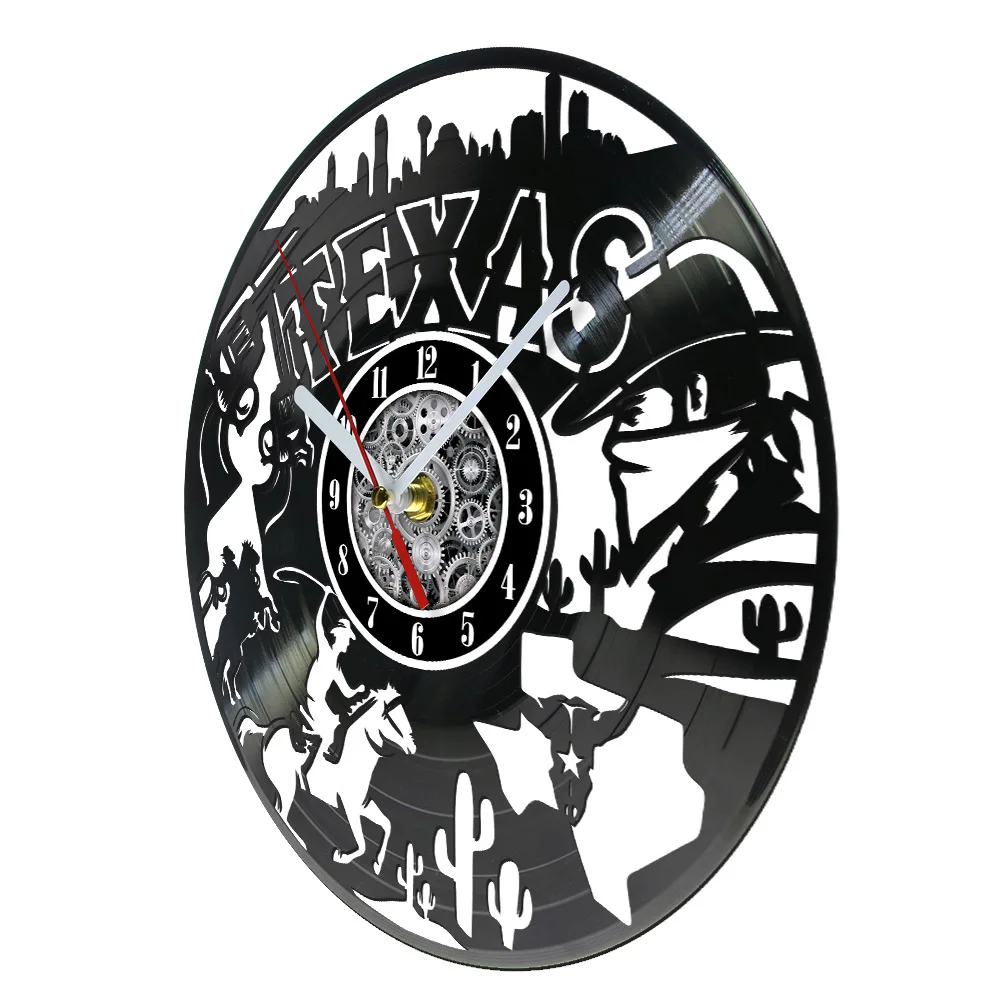 Texas State Cityscape Laser Cut Longplay Wall Clock For Office Room Houston Skyline Wall Art Decorative Retro Vinyl Record Clock