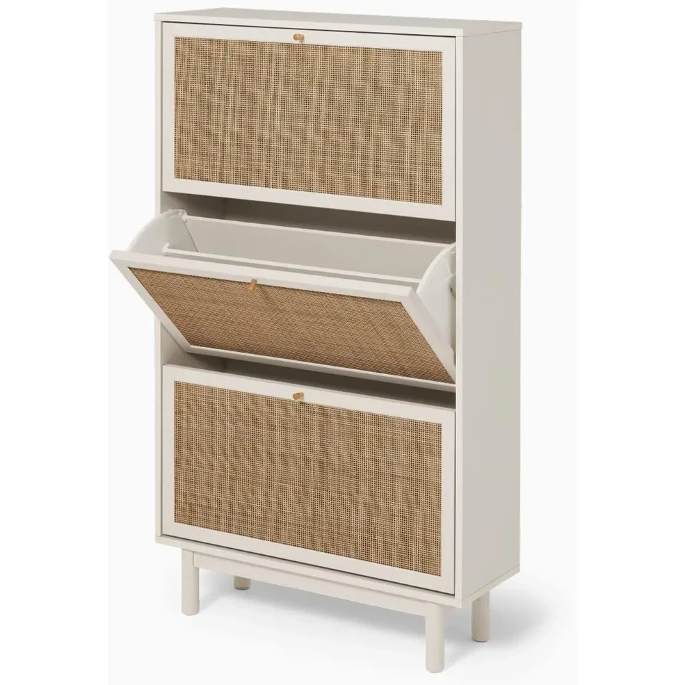 Shoe Rack, Natural Rattan Farmhouse Shoes Organizer, Closet Shoes Rack for Entryway, with Spacious Storage Cabinet