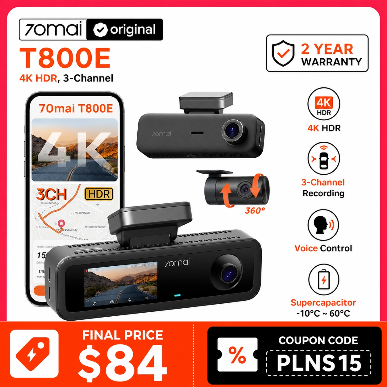 70mai Dashcam 4K T800E 3-Kanal Vorne Hinten Innen 3-in-1 Sprachsteuerung 24H Parküberwachung Superkondensator GPS 1080P Rückkamera Auto-DVR Drei Kameras, GPS und WLAN, geeignet für den Einsatz in