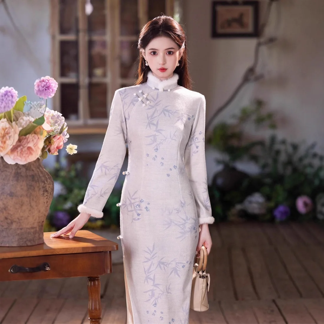 Yourqipao 2025 الشتاء الشنيل زائد المخملية سميكة طويلة تشيباو الوقوف طوق شيونغسام النمط الصيني فستان سهرة للنساء