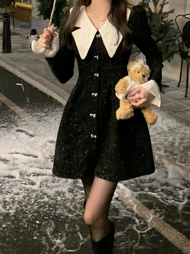 French Doll Neck Black Velvet Dress For Woman Autumn Winter Waist Tight Slim Fit Black Dress Elegant Bow Button Mini Vestidos