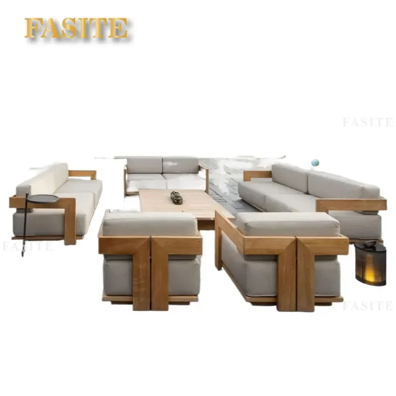 For Outdoor Courtyard Villa Terrace Teak Sofa Set Rain Proof Garden Leisure Furniture Coffee Table Combination Weather