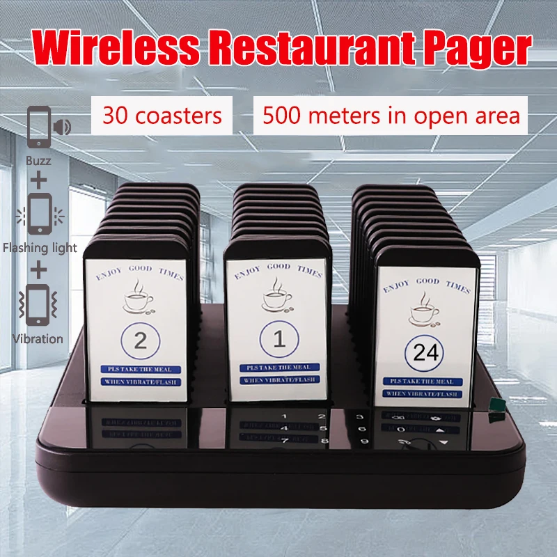 Wireless Restaurant Pager System Waterproof Queue Paging Calling System Oil-proof 30 Buzzers Easy Clean for Coffee Shop Food