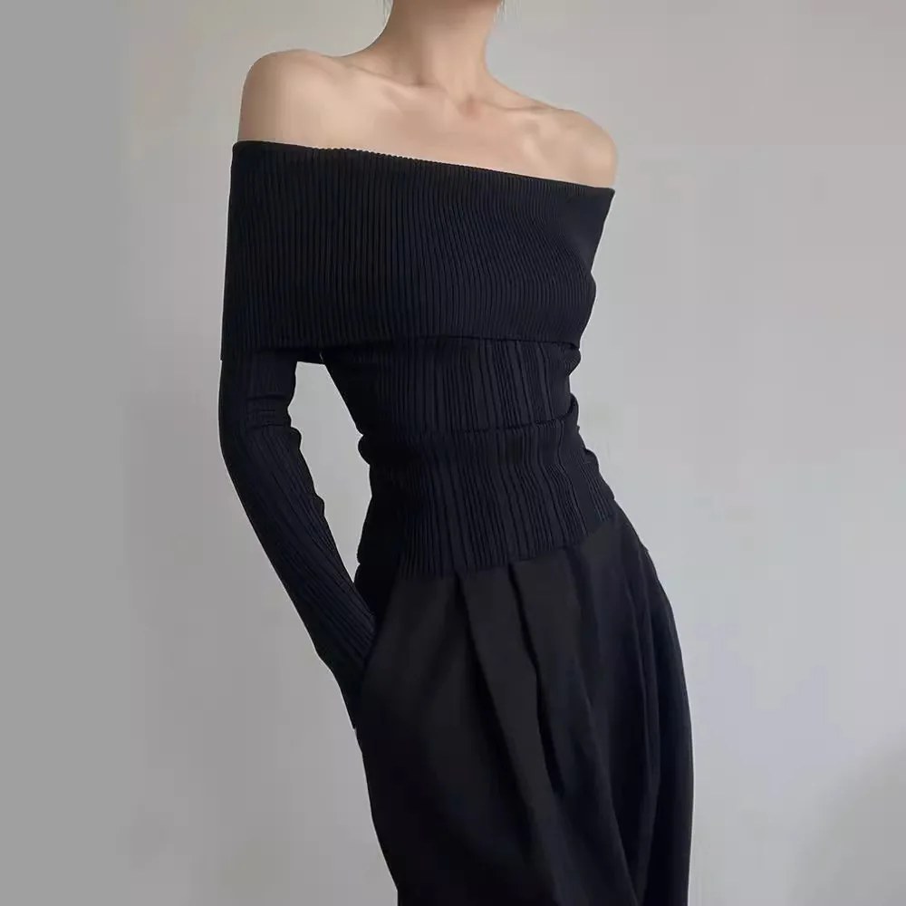 7360 Jesień Zima Liying Styl Celebrytki Odkryte Ramiona Prążkowany Dopasowany Elastyczny Krótki Top z Dzianiny